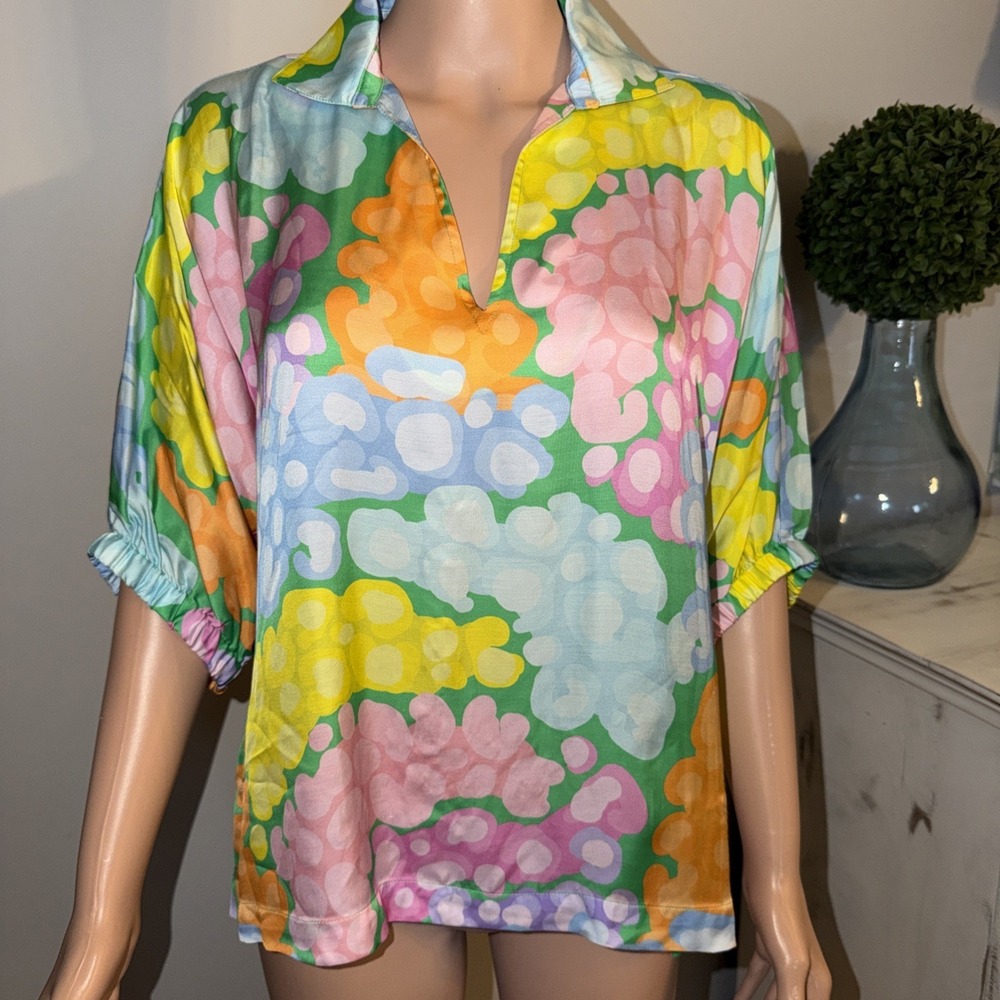 Emily McCarthy Small Blouse Top Viscose Rayon Multicolor Coastal Resortwear